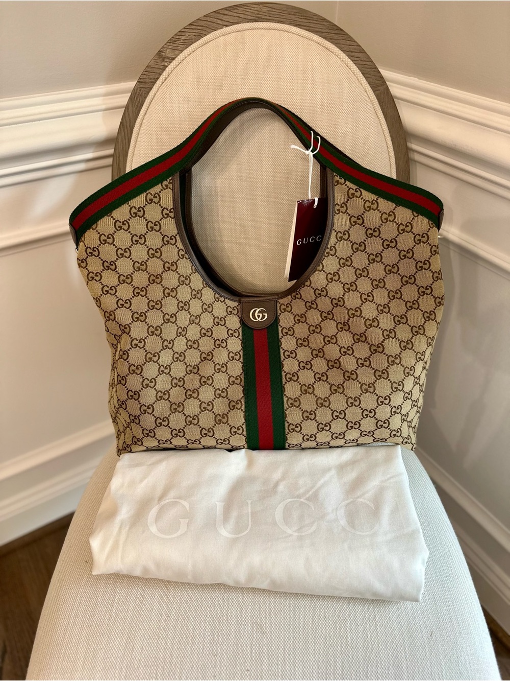 Gucci Beige GG Supreme Canvas Tote with Green and Red Web Stripe